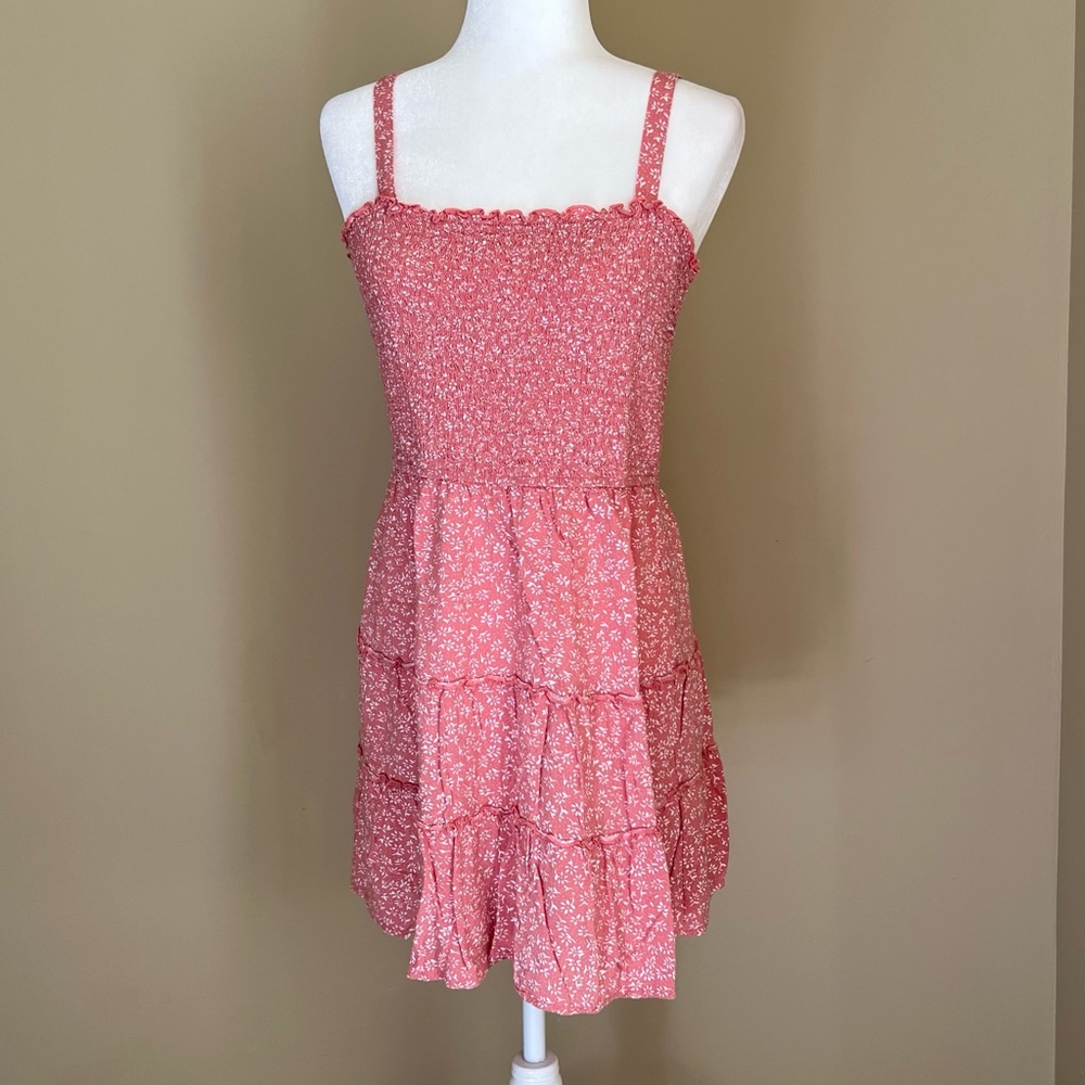 Hollister Pink Floral Smocked Sundress with Spaghetti Straps, Size L